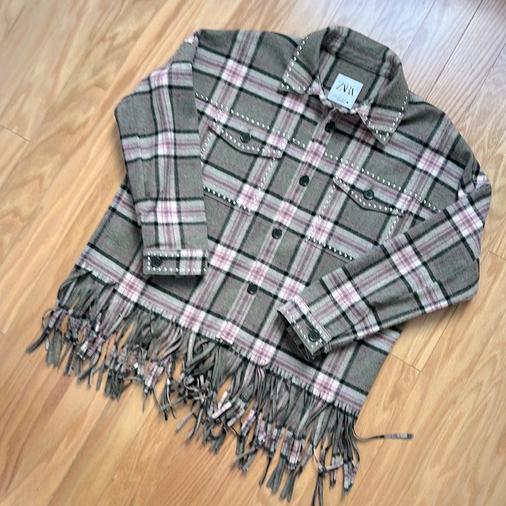 Zara 100% Wool Plaid Fringe Jacket
